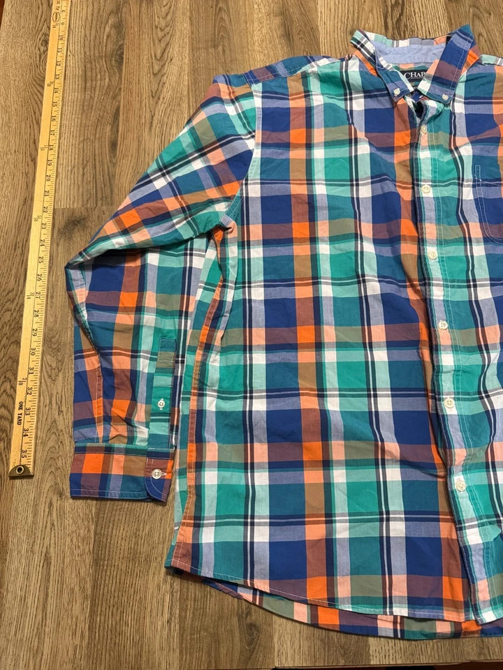 Camisa CHAPS, Para Hombre Talla XXL, Naranja Azul Verde A Cuadros Manga Larga Con Botones Foto 3 de 4