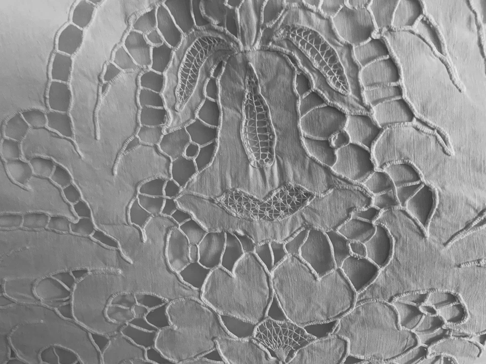 linge ancien Drap De Mariage DENTELLE Richelieu Festonné RETOUR  Monogramme D M - Photo 4/4