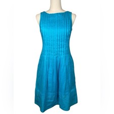 Lauren Ralph Lauren Turquoise Blue 100% Linen Pintuck Pleated Sleeveless Dress