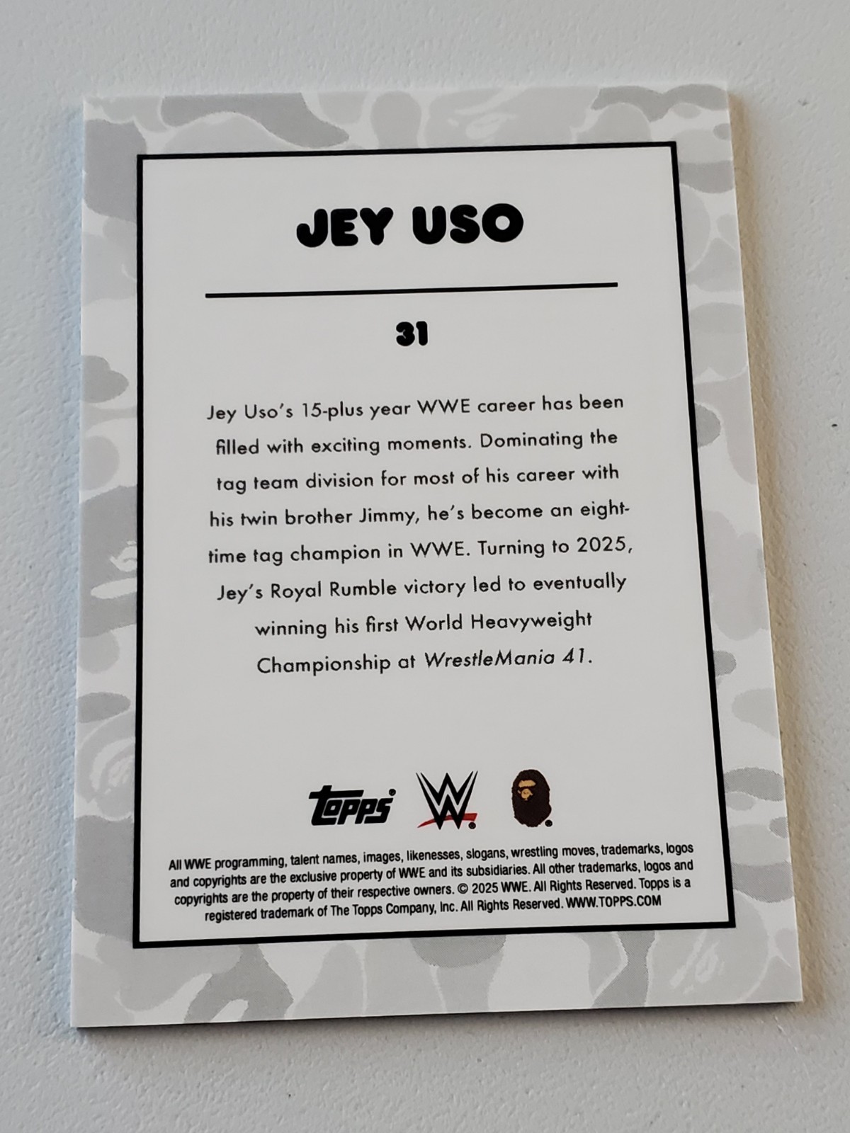 Jey Uso 2025 Topps WWE x BAPE Wrestling #31 Base Camo thumbnail 2