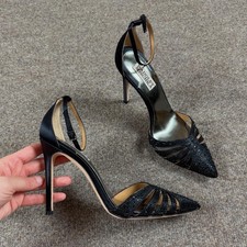 Badgley Mischka Black Satin Rhinestone Pointy Toe Ankle Strap Heels Women  s 7