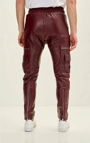 Mens Burgundy Leather Pant 100% Real Lambskin Slim Fit Skinny Jogger Biker Pants - Picture 2 of 4