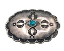 Vtg Sterling Silver Southwestern Stamped Scalloped Concho Turquoise Stone Brooch