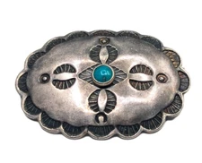 Vtg Sterling Silver Southwestern Stamped Scalloped Concho Turquoise Stone Brooch