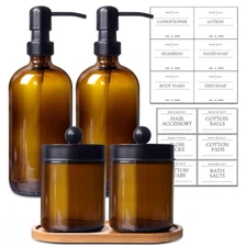 Bathroom Accessory Set 5 Pcs, 2 Pcs 16oz Amber Glass Soap Dispensers with Sta...