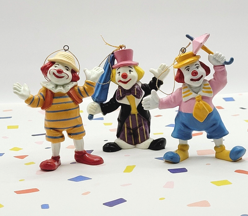 TRIO of CLOWNS Colorful and Playful Small Holiday Tree Ornaments Figurines - Picture 2 of 17