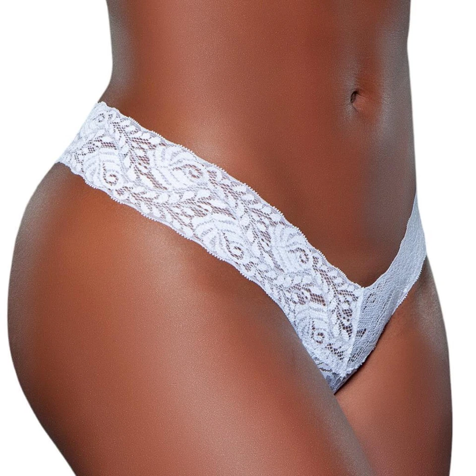 Tanga de encaje blanco panty tiro bajo corte en V bragas ropa interior semi transparente floral 1160 Foto 3 de 4