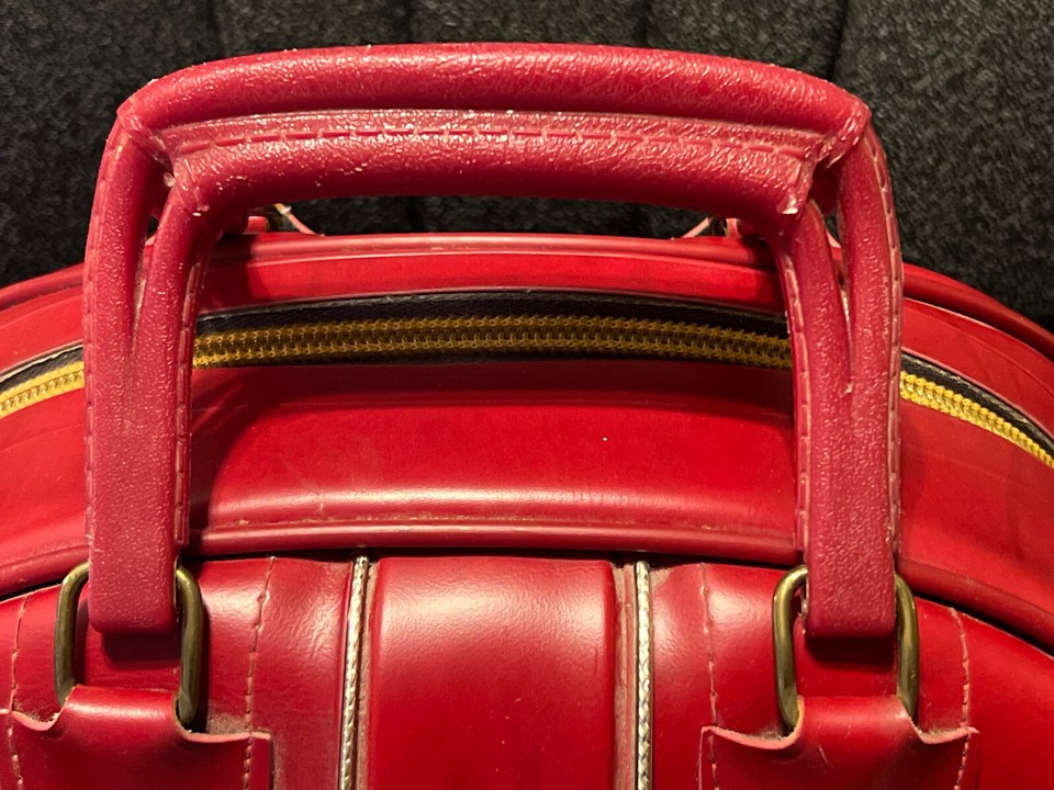 Vintage 🎳 C & C Bowling Ball Bag METAL RACK Crimson Red w/ Gold