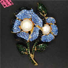 New Blue Rhinestone Two Flower Pearl Crystal Fashion Women Charm Brooch Pin