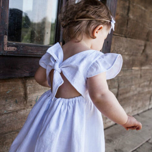 Robe fille neuve bébé coton lin couleur unie arc enfants jupe princesse - Photo 1 sur 18