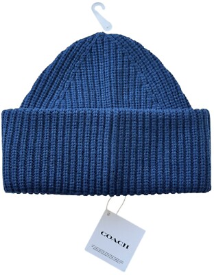 COACH ビーニー COACH Beanie Mens One Size Hat Blue Rib Knit Wool Logo Patch