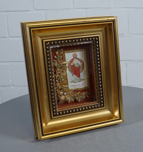 Heiligenbild im Rahmen Heiligstes Herz Jesu Dulce Cor Jesu Handarbeit Vintage - Picture 2 of 11