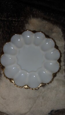 Vintage Milk Glass Gold Trim 1950 Deviled Egg Dish-Good Condition