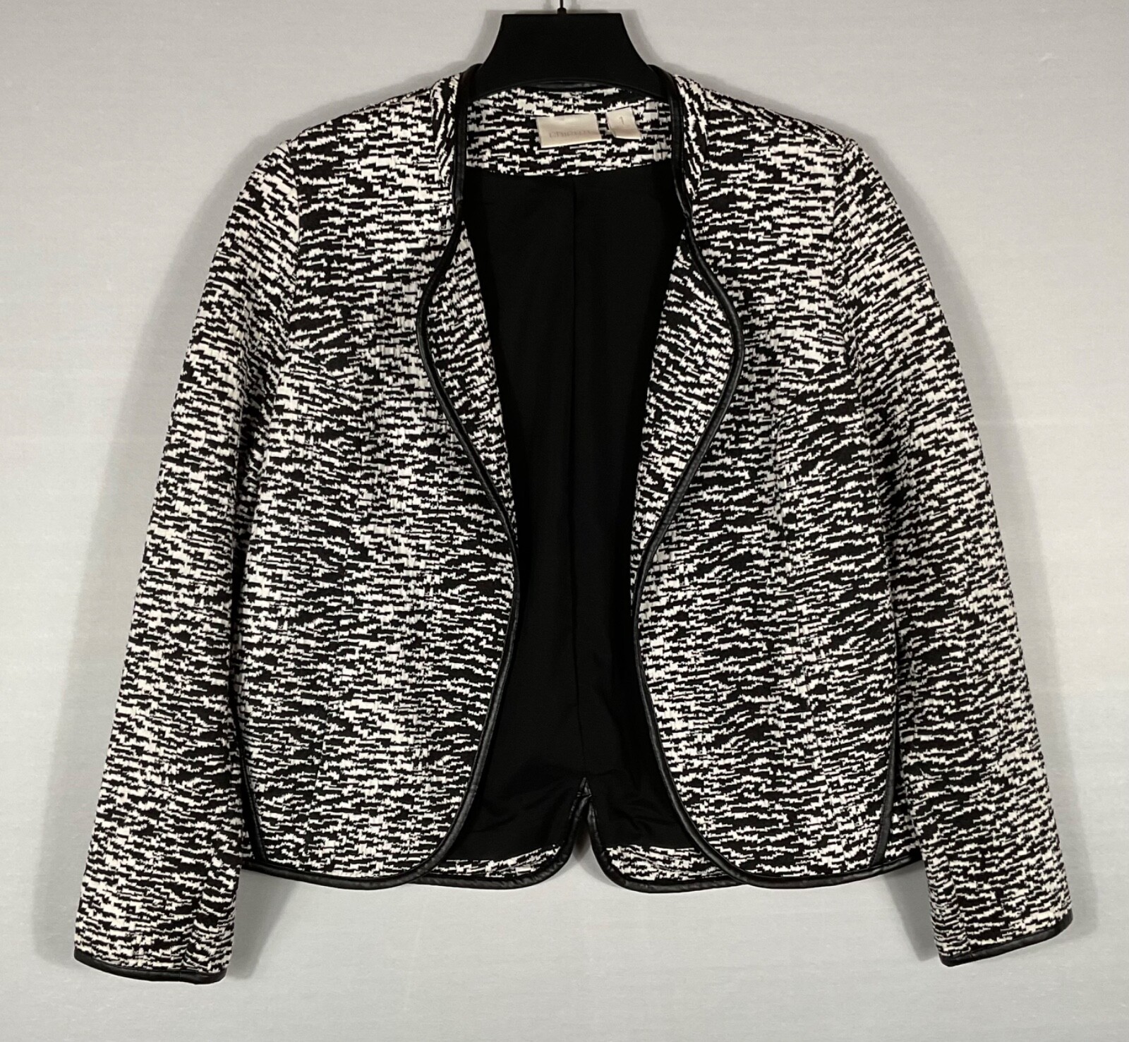 Chicos Jacket Blazer Womens Size 1 Black Ivory Open Front Lined Long Sleeves