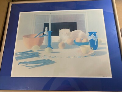 #ad #ad Huge Elizabeth Osborne 1979 quot;Cat On Table Scenequot; Color Print Signed And Framed $485.88