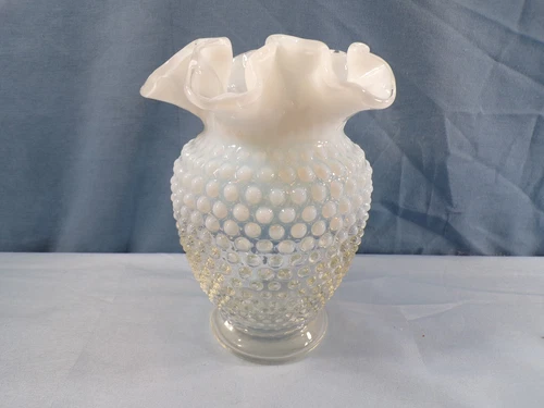 Fenton French Opalescent Hobnail Glass Double Crimped Vase 6 1/4" Tall
