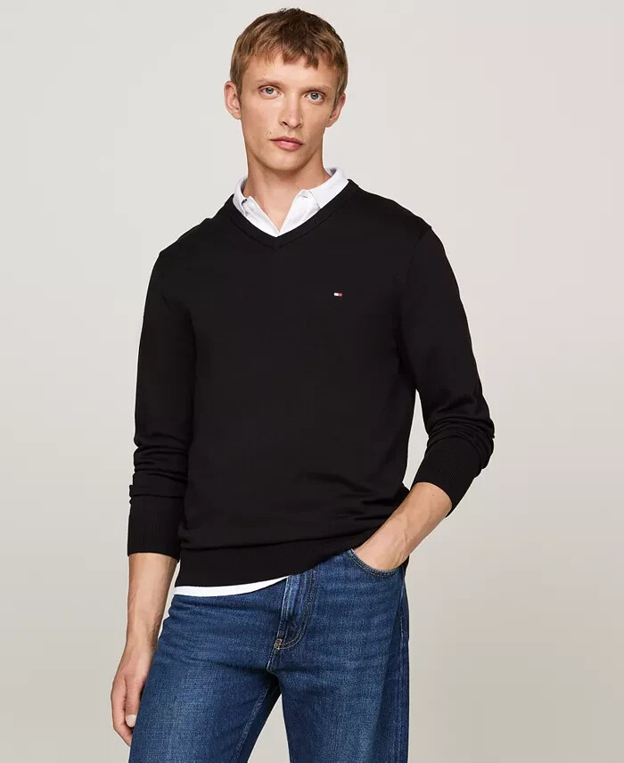 $79 Tommy Hilfiger Men's Essential Solid V Neck Sweater Black Large  yap1625
