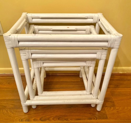 Set Of 3 White Rectangular Shaped Indoor Bamboo Nesting Side Tables - Picture 5 of 13