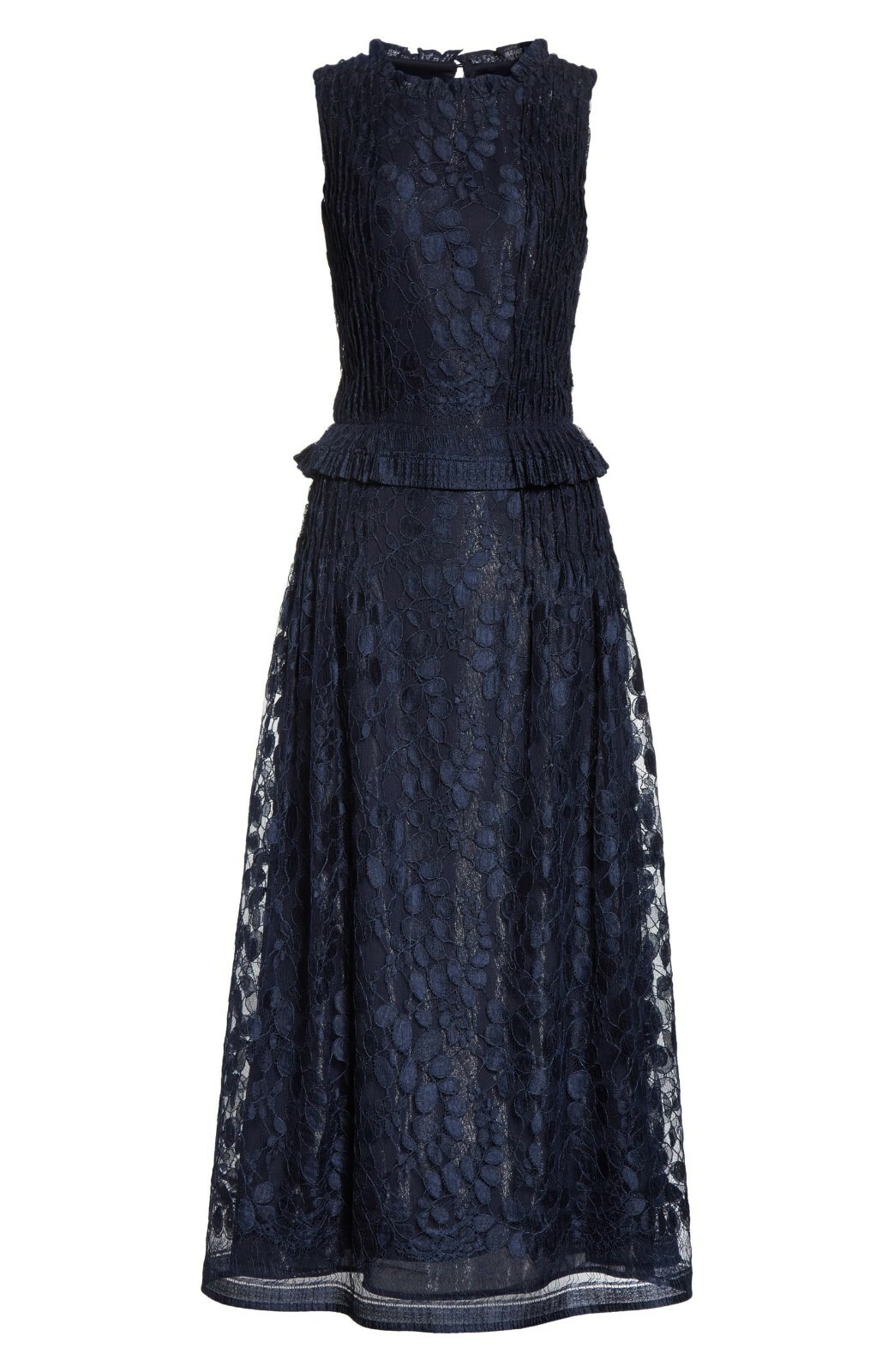 ST. JOHN Navy Blue Metallic Abstract Leaf Lace Ruffle Neck Midi Gown Dress 2 XS