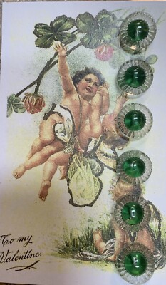 Set of 6 Vintage 1/2'' Green Painted   Eye Crystal Glass Buttons~1920's~old stock