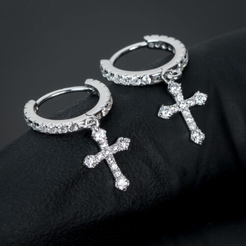 White Gold Plated Men's Sterling Silver Dangle Cross Drop Huggie Hoop Earrings - Picture 1 of 4