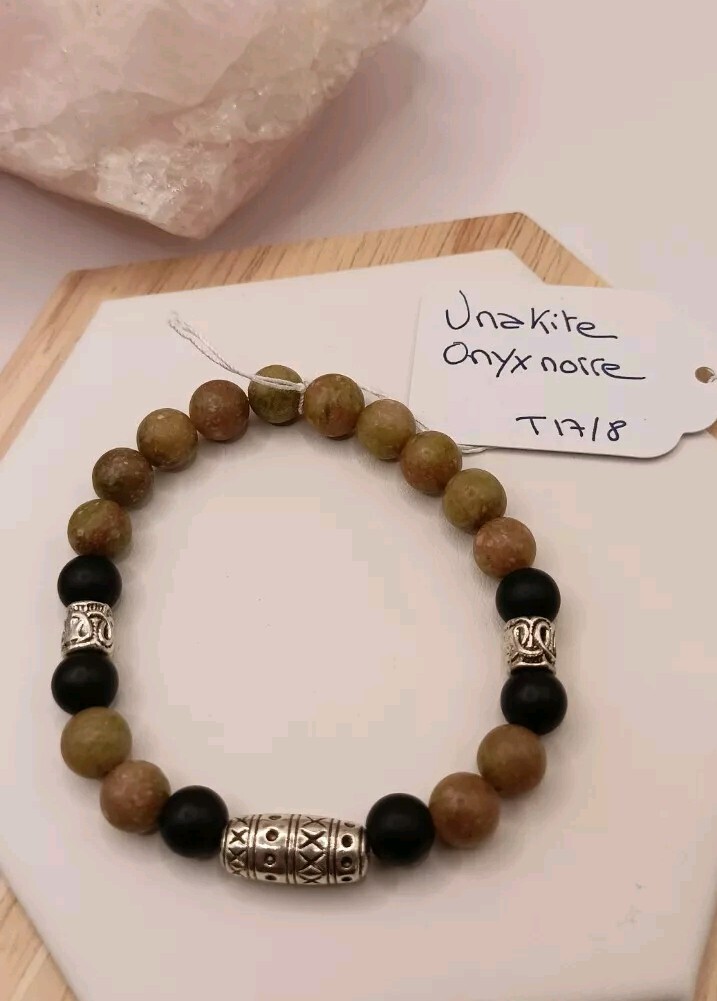Bracelet en unakite et onyx noir | Pierres naturelles 8mm et taille 17cm
