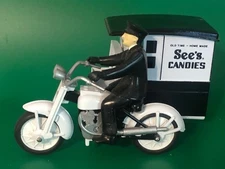 See's Candies Die Cast Motorcycle w/ Sidecar, Delivery Man Driver