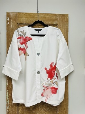 Ming Wang XL White Cotton Watercolor Cardigan Topper Minimalist Artsy Boho 60's