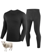 100% Merino Wool Base Layer Mens, Soft Thermals Underwear, Top and Bottom Set...