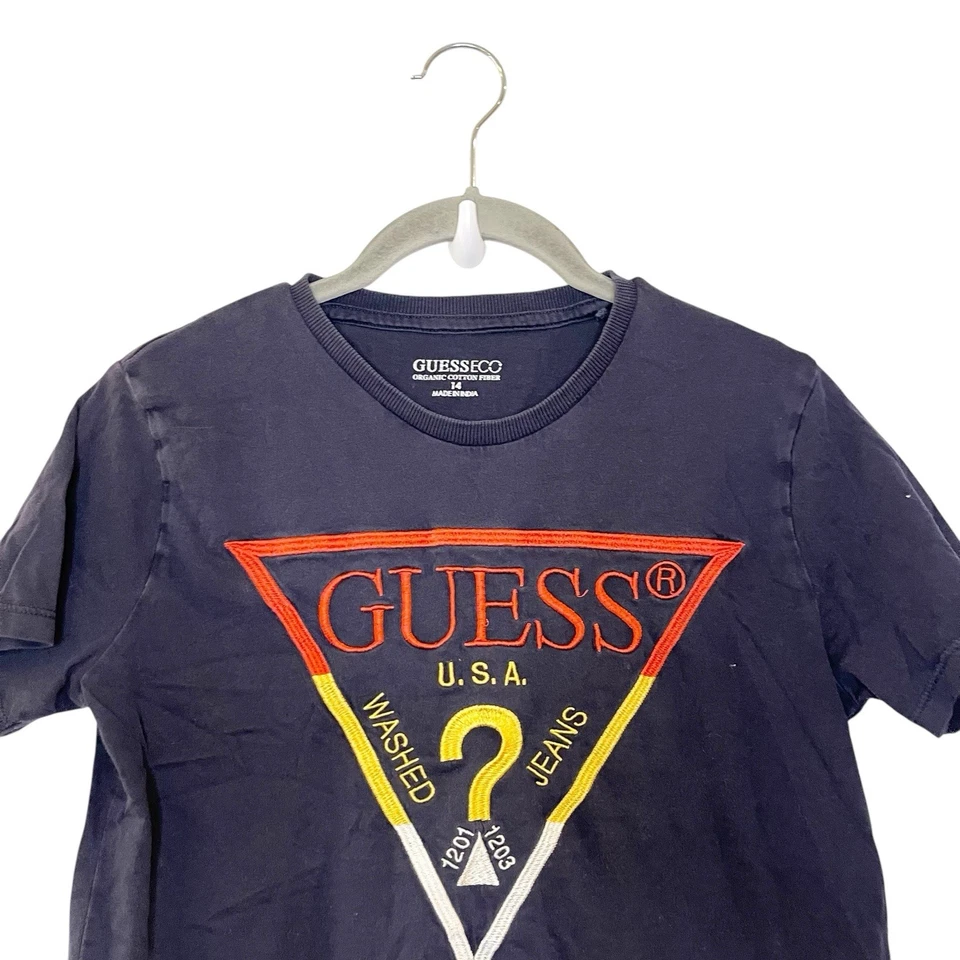 Guess Youth Boys Navy Blue Organic Cotton Triangle Embroidered Logo T-Shirt 14 - Image 3 of 4