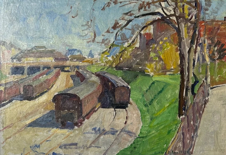 Ölbild Axel Bredsdorff 1934 Züge Wagons auf Abstellgleisen Bahnhof Stadtbild - Bild 3 von 4