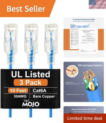 Listed Ultra-Slim Cat6a 10ft Ethernet Patch Cable, 30AWG 100% Pure Copper, 10...