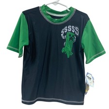 NWT New Minecraft Creeper Boys XS PolySpandex UPF 50 Short Sleeve Swim Shirt