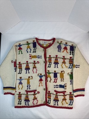 Amano Cardigan Sweater Handknit Bolivia Wool People Holding Hands Small Fits MED