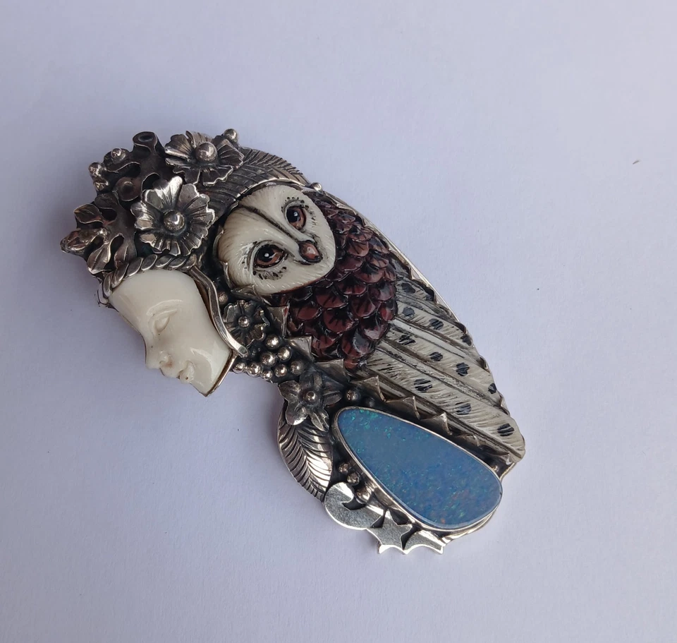 Colgante Diosa Búho Plata de Ley 925 Tallado Hueso de Búfalo Colgante Foto 3 de 4