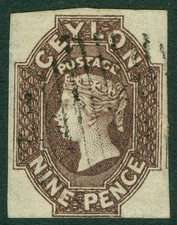 SG 8 Ceylon 1857-59. 9d purple-brown. Very fine used. 4 very close to large...
