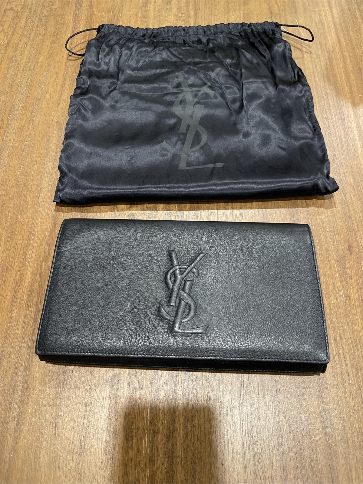 YSL Black Leather Logo Embossed Clutch Bag