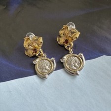 Athena /Owl Ancient Coins Geometric Bicolor Flower Inlay Zircon Earrings