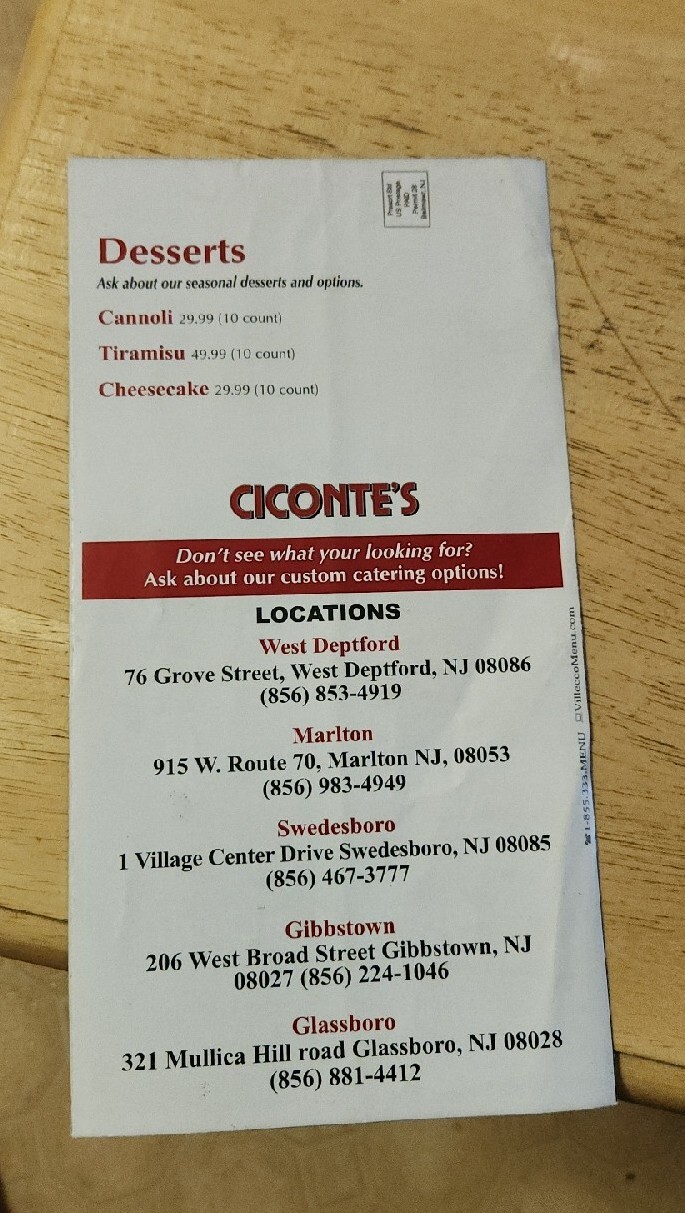 Ciconte's Catering Menu Ephemera Deptford Marlton Swedesboro Gibbstown