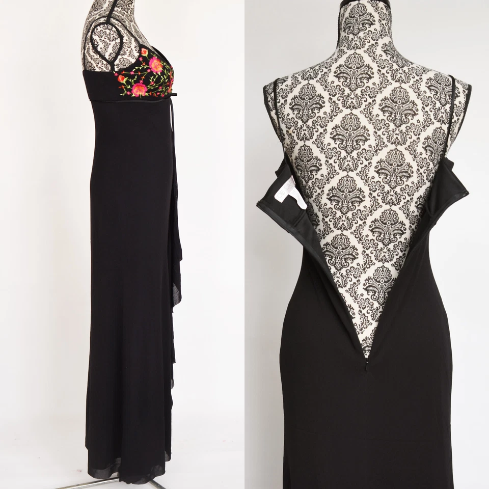 Vestido largo negro De Laru con flores bordadas y detalle de volantes talla 7/8 Foto 2 de 4