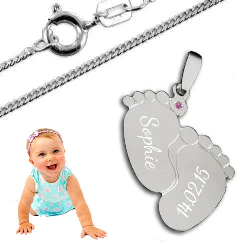 SILBERPOINT Anhänger Babyfüße mit Zirkonia Stein - Silber925- Inkl. Kette & Gravur