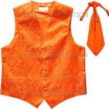 New Men's Vesuvio Napoli Paisley Tuxedo Vest Ascot Cravat prom party Orange