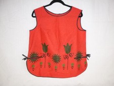 NOS Vtg Smock Style Apron Red Black Starbursts Stylized Flowers Stars Side Tie