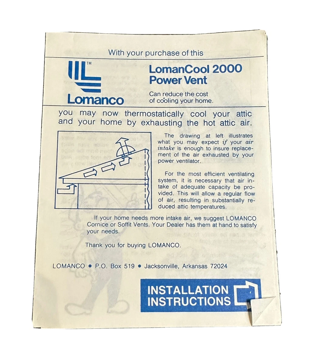 Lomanco LomanCool 2000 Power Vent Installation Instructions | eBay
