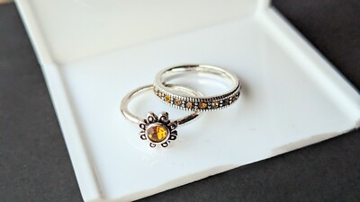 Set of 2 DIVANI Stackable Silver Tone Yellow Stone Flower RINGS Size 8½