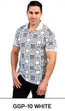 Men Italian style Short Sleeves Polo shirt Greek Key pattern White 1/4 buttoned