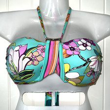 Trina Turk Halter Bandeau Bikini Top Size 6 Lightly Padded Key West Aqua Floral