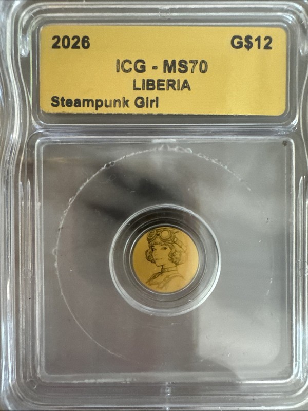 2026 Liberia Steampunk Girl  .9999 Gold Fractional Coin $12 ICG MS70 1/1000th