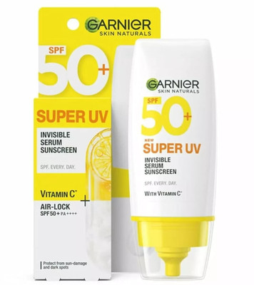 SPF 50 PA++++ UVA/B with Vitamin C, Garnierr Super UV Invisible Serum Sunscreen.
