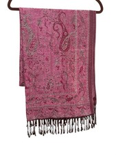 Pink Paisley Pashmina Scarf Wrap With Fringe 28"x73" Himalayan Goat Cashmere